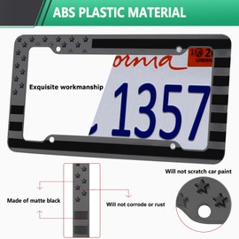 NJNYLLC Black American Flag License Plate Frame- Front Rear Patriotic USA ‌Car Tag Frames, 2 Pack 4 Hole Subdued 3D Embossed Stars and Stripes Plastic Holder with Mounting Hardware Kit