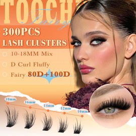 TOOCHUNAG Fluffy Lash Clusters 300pcs Fairy Eyelash Clusters 80D+100D Flat Cluster Lashes Extension D Curl 10-18mm Thick Volume Eyelashes Extensions Soft Spiky False Eye Lashes Clusters