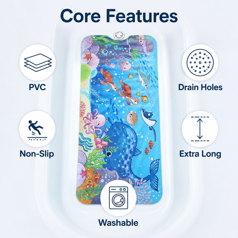 Extra-Long Cartoon Non-Slip Bathtub Mat – PVC Bath and Shower