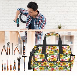 Cornflower Poppy 14 Pockets Tool Bags Heavy Duty Wide Mouth Tool Tote Bag Pouch Sunflower Tool Organizer Bag with Adjustable Strape for Men Women 14.8 Inches