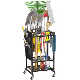 SUFAUY Garden Tool Organizer with Wheels, Yard Tower Rack Holds 40 Long Handled Tools, Heavy-Duty Steel Garage Tool Stand with Hooks and Versatile Pocket, Black