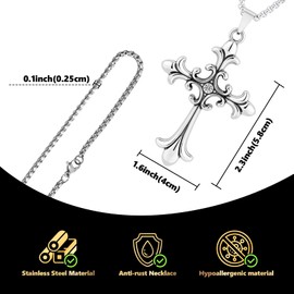 LuxGoth Stainless Steel Fleur de Lis Cross Rhinestones Pendant Necklace Gothic Punk Rock Emo Biker Cosplay Vintage Celtic Cross Charm Necklace Jewelry for Men Women Silver GTS-N1D60018