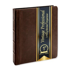 Vintage Professional 3 Ring Binder Organizer, 1-inch Round Rings, 8.5" x 11" Sheet Size, 2 Inner Pockets, 1.6" Spine, Appearance of Antique Brown Leather