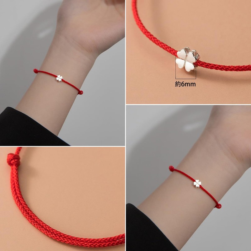 [Richight] Silver Good Luck 4 Leaf Clover Red String Amulet