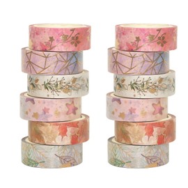 Grekywin 12 Rolls Floral Washi Tape Set 15mm Wide Colorful Floral Gold Foil Printing Japanese Masking Tape Decor for Scrapbook Bullet Journal Gift Wrapping (5m)