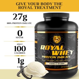 RSN Royal 100% Isolate Protein Powder | 27g Protein Isolate | 0 Sugar | 1g Carbs | 5 lbs | 76 Servings | Vanilla Delight