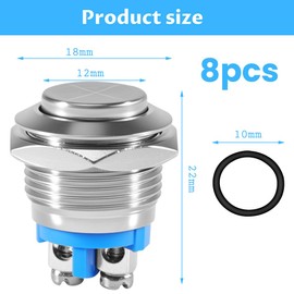 Pack of 8 16 mm Push Buttons, IP65 Waterproof Push Button 220 V, 3 A Momentary Button, Metal Push Switch for Horns, Cars, Doorbells, Power Supply, Start Switch, Communication Devices
