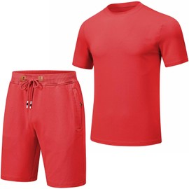 QPNGRP Men's Outfits Zipper Pocket Shorts and T-Shirt 2 Piece Set Sweatsuit Red X-Large