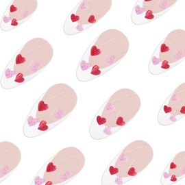 Valentines Press on Nails French Tip Fake Nails Short Short False Nails Red Pink Glitter Heart Acrylic Nails Glossy Stick on Nails White Nail Tip Cute Valentines Glue on Nails for Women Girls 24Pcs