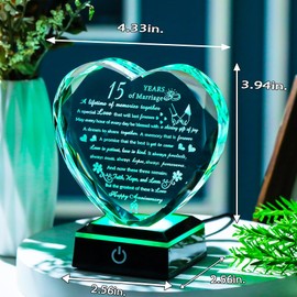 15th Wedding Anniversary Crystal Gifts for Couples Friends, Romantic Heart 15th Anniversary Keepsake Gifts for Her Him, 15 Years of Marriage Gift for Wife Husband