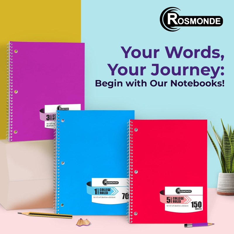 Rosmonde 50 Pack, 1 Subject Spiral Notebook College Ruled Bulk,