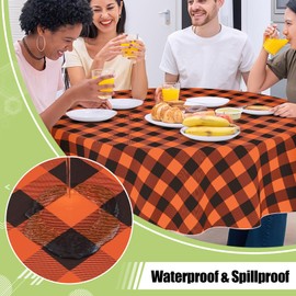Smiry Round Plastic Table Cloth, Waterproof Vinyl Tablecloth with Flannel Backing, Wipeable Buffalo Plaid Table Cover for Dining, Indoor and Outdoor (Orange & Black, 60" Round)