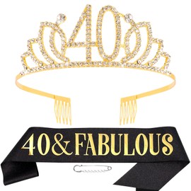 Hapdoo 40th Birthday Decorations for Women, 40th Birthday Gifts Sash and Crown for Women Set, 40 & Fabulous Party Supplies, Gold