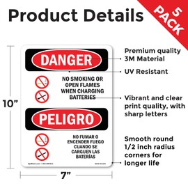 No Smoking Charging Batteries Bilingual OSHA Danger Vinyl Decal Label 10 Inch x 7 Inch - 5 Pack