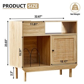 Vintage Record Player Stand, Vinyl Record Storage Table ,Turntable Stand Record Player Cabinet with Storage, Vinyl Record Player Stand with Rattan Door, Printer Stand with Open Storage Shelves-Natural