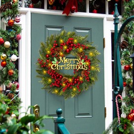 Dolicer Christmas Wreath Decorations - 24" Christmas Wreaths for Front Door with Lights, Pre-lit Artificial Winter Wreath with Red Berries Pine Needles for Indoor Outdoor Window Wall Decorations