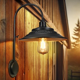 XIFEINIU Solar Barn Lights Upgrade, 2PCS Waterproof Wall Light Fixture, Rustic Vintage Metal Gooseneck Solar Wall Mount Lights with Gold Interior, for Outdoor Barn Shed Garage Porch (Black)