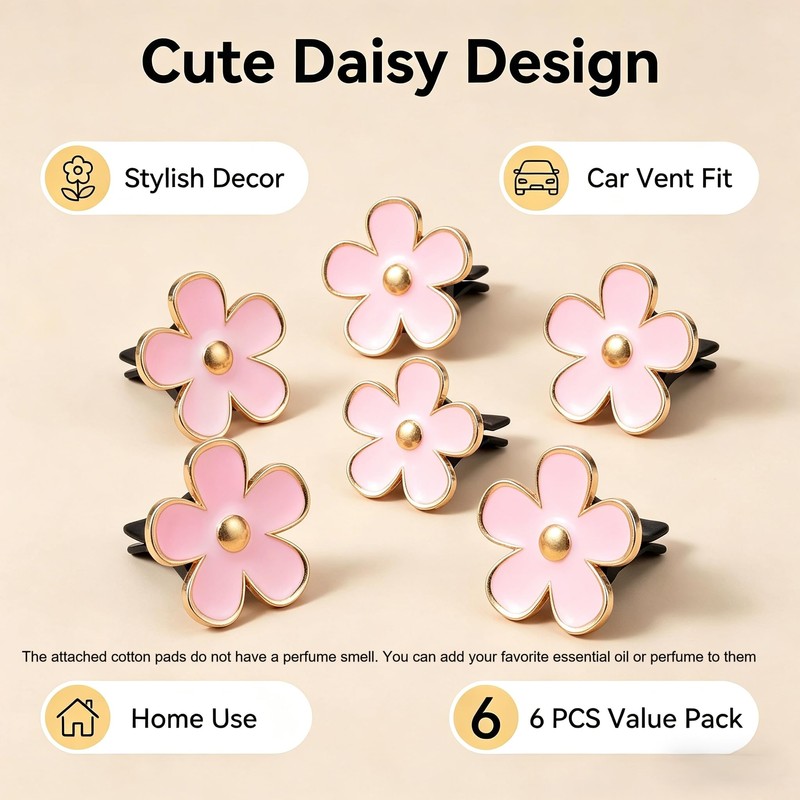 6 Pcs Pink Daisy Car Vent Clip Essential Oil Diffuser
