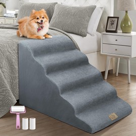 Mestuel Dogs Stairs for High Bed, 23in Foam Dog Stairs Steps for Large Dogs, Large Pet Stairs, 5 Steps Dog Ramp to High Couch Sofa Bed Indoor with Gentle Slope& Nonslip Bottom, Lint Roller Set, Gray