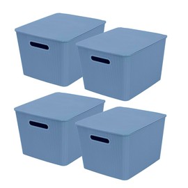 Glad Storage Baskets with Lids - Set of 4 Stackable Plastic Boxes with Handles - Decorative Shelf Organizer Bins for Bathroom and Closet, Blue, 4.7 Gallon