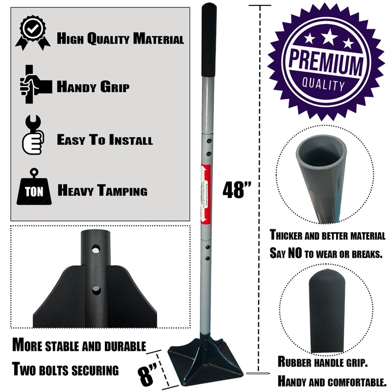 Heavy Duty Steel Tamper 8"x8" with 48 inch Handle and