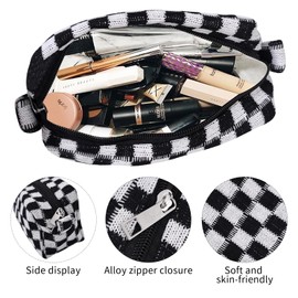 HFZRZFH Stylish Checkered Makeup Bag - Portable Cosmetic Pouch with Zipper for Travel Accessories, Ideal for Purse and Everyday Use, Great for Organizing Toiletries and Beauty Essentials. (black)