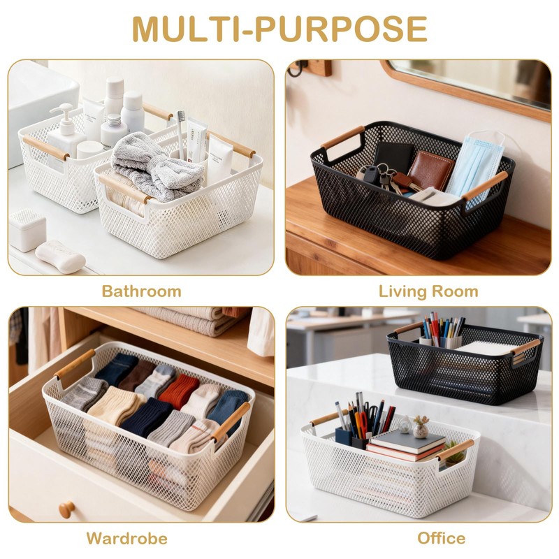 Runziti 2-Pack Plastic Storage Baskets with Handles, Mesh Pantry Organizer