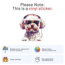 DJ Bichon Frise Dog Sticker - Waterproof Vinyl Decal for Car Bumper, Laptop, Water Bottle, Bookcases, Wall, and Window, Size - 5'' Longer Side