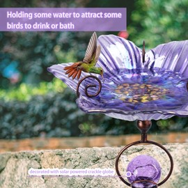 MUMTOP Glass Bird Baths for Outdoors, Flower Bird Baths Bowl with Solar Crackle Glass Globe Lights Decorations and Metal Stake for Outdoor Garden Yard Lawn Outside, Purple