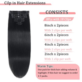 Clip in Hair Extensions Real Human Hair Clip in Extensions for Women Seamless Invisible Jet Black Natural Remy 100% Human Clips ins Extension 8pcs Double Weft 18 inch 3.5oz/100g