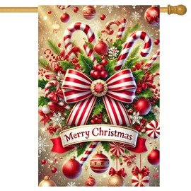 BlissYard Merry Christmas House Flag 28 x 40 Inch Double Sided Garden Flag with Candy Canes Red Bow and Ornaments for Holiday Yard Banner Porch Outdoor Decor