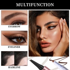 Prreal Liquid Eyebrow Pencil, 2-in-1 Microblading Eyebrow Pencil with 4 Fork Tips Applicator, Eyeliner, Eyebrow Brush, Natural Waterproof Tattoo Eyebrow Pen for Defined and Full Eyebrows #Brown