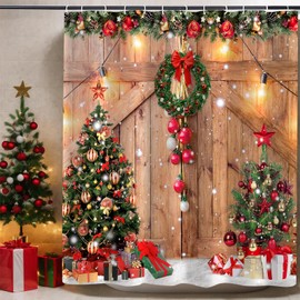 PAOPOED Farmhouse Christmas Shower Curtain for Bathroom, Wood Barn Door Winter Rustic Xmas Tree Snow Shower Curtain Set, Waterproof Polyester Christmas Bathroom Curtain Decor with Hooks 72x72 Inch