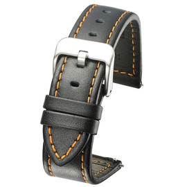 Genuine Waterproof Leather Watch Band with Quick Release Spring Bars - Black Leather Watch Strap 22mm (Orange Stitching)