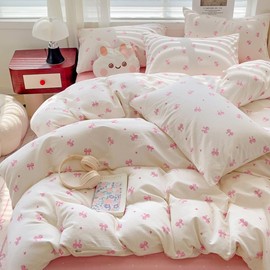 Michorinee Single Duvet Cover Set Pink and White Heart Bow Tie Print Bedding Kawaii Style Reversible Girls Aesthetic Cute Microfibre Quilt Cover 135x200 cm with Zipper Closure Pillowcase 50x75