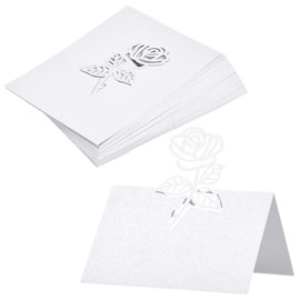 Pack of 50 Place Cards Wedding Name Plates, Folded Seat Cards for Weddings, Place Cards Wedding Paper, 120 x 90 mm, Hollowed Place Cards Birthday for Banquets, Festivals, Parties (White)