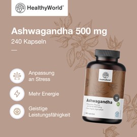 HealthyWorld Ashwagandha 500 mg - Anti-Stress - High Quality, High Concentration - 1500 mg per Daily Dose - Withania Somnifera - No Additives - 240 Plant Capsules