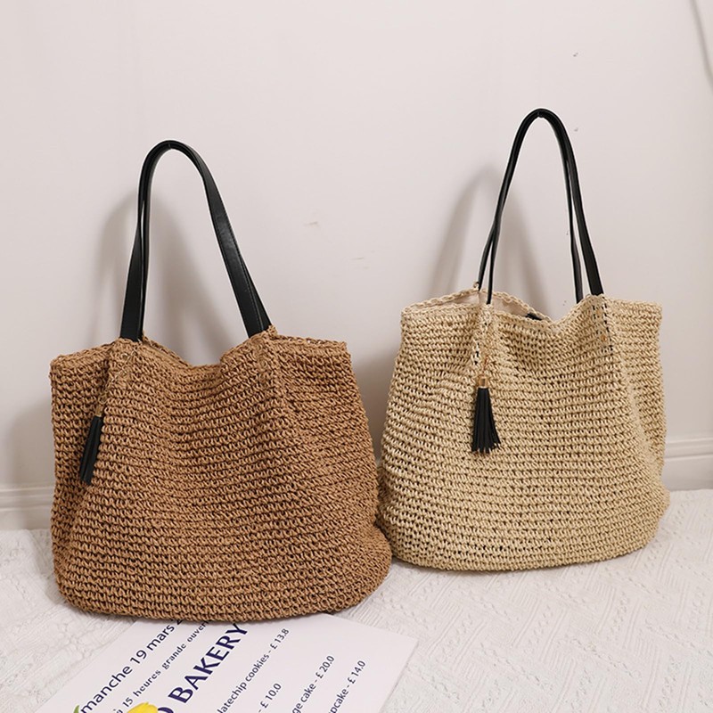 WISHOW Women's Straw Bag, Tote Bag, Shoulder Bag, With Tassels,