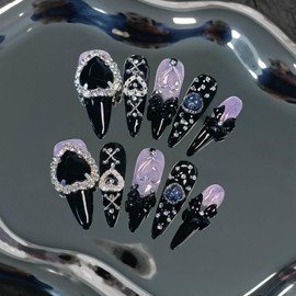 TENPAL Glam Punk Press on Nails Stiletto Almond Long,3D Heart Rhinestones&Metal Chains Designs,Black Glitter Purple Chrome Nails with Full Cover Micro Gems,Y2K Edgy Girly Streetwear Nails,10pcs S