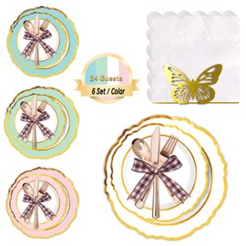 EiPibaibyi 168PCS Disposable Party Plates Set - 24 Blue/White/Pink/Green 9” & 7” Paper Plates, 48 Napkins, 24 Forks, 24 Knives, 24 Spoons - Perfect for Birthday, Wedding, Picnic & Holiday Events