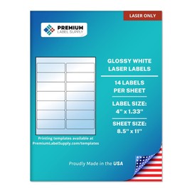 Premium Label Supply Glossy White Address Sticker Labels – 4" x 1.33" – (14 per Sheet) (Glossy White for Laser Only, 350 Labels)