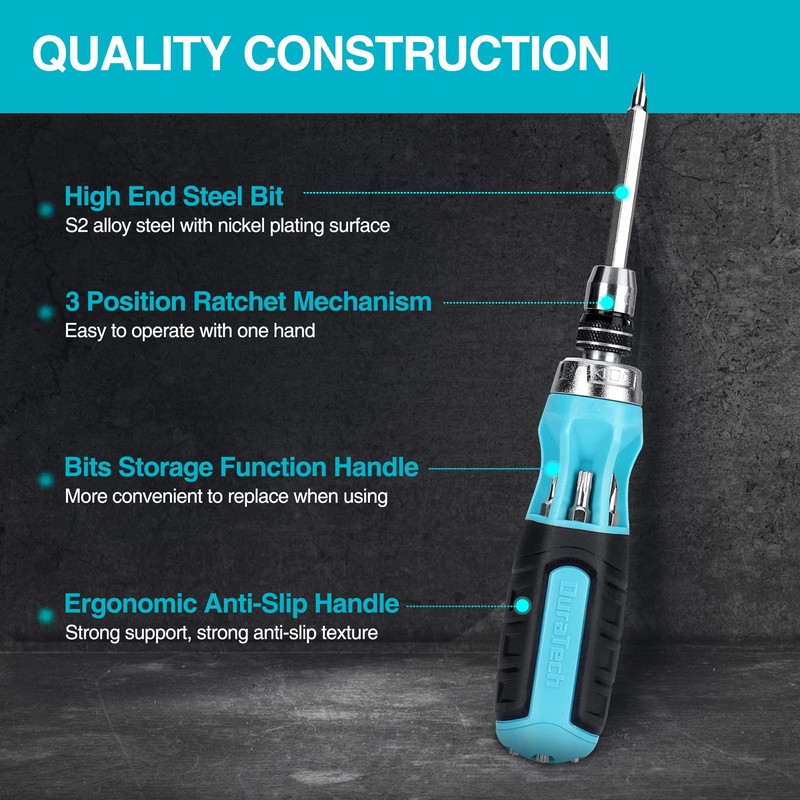 DURATECH Ratcheting Screwdriver, 12-in-1 Multi-bit Screw Drivers, Premium S2 Steel,
