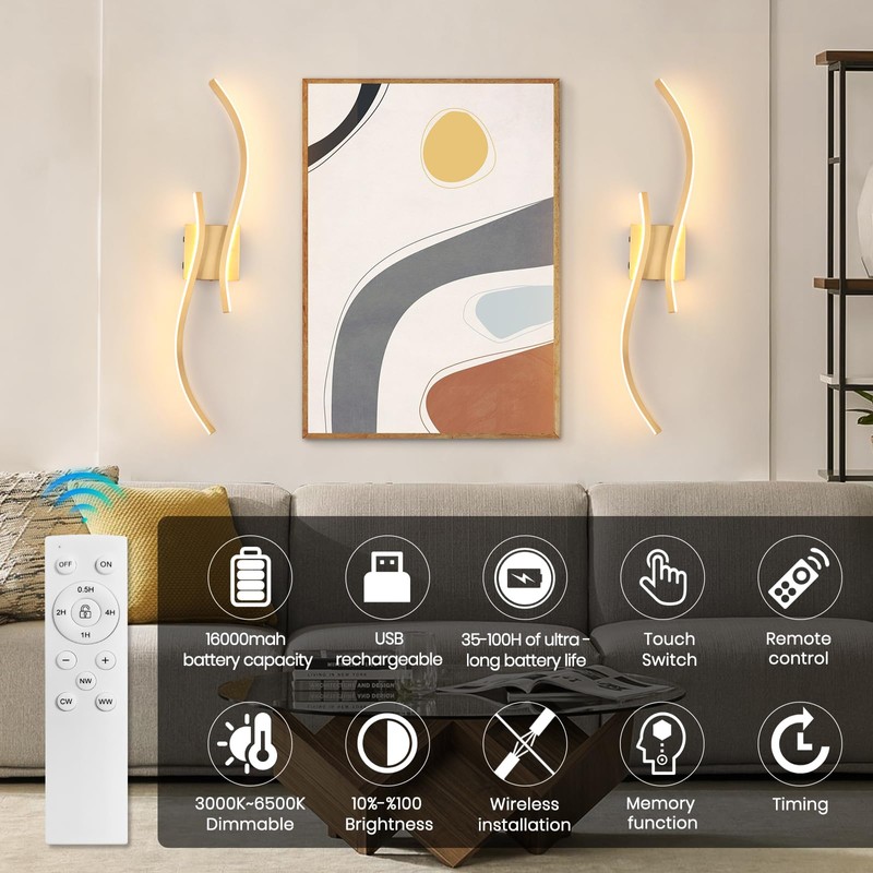 CANEOE Battery Operated Wall Sconces with Remote Control,10000mAh USB Rechargeable