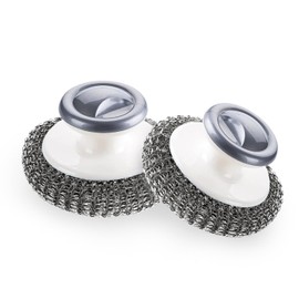 BLIGKO 2Pcs Stainless Steel Scrubber with Handle, Steel Wool Scrubber Tool for Cleaning Dishes, Scrubbing Scouring Brush Pad for Kitchen Pots, Pans, Sink