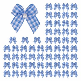 Meseey 60pcs Mini Buffalo Plaid Ribbon Bows with Pearl Blue and White Gingham Ribbon Bows for Sewing, Scrapbooking, Wedding, Gift,Christmas Decoration (Blue White)