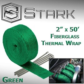 Stark 2" x 50FT Exhaust Header Fiberglass Heat Wrap Tape w/ 5 Steel Ties - Green Chevy