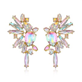 EVER FAITH Crystal Fashion Statement Earrings, Art Deco Marquise Drop Cluster Bridal Bling Colorful Dangle Earrings for Woman Iridescent AB Gold-Tone