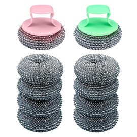 Steel Sponge Scourer, 10 Pieces, Scourer, Stainless Steel Wire Wash, Steel Wool, Sponge Kitchen, Washing Sponge, Scourer, Steel Wool, with 2 Handles, for Cleaning Dishes, Pans, Sinks etc