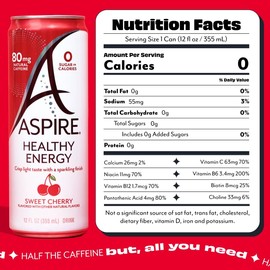 ASPIRE® Sweet Cherry, Healthy Energy Drink 80mg Natural Caffeine, Zero Sugar No Carbs Keto Friendly, 12 Pack Green Tea Sugar Free Drink Low Caffeine Zero Calorie