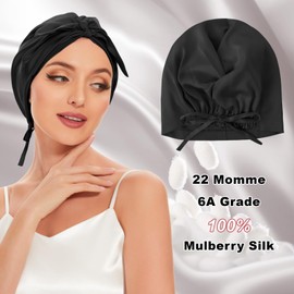 22 Momme 100% Mulberry Silk Hair Bonnet for Sleeping Curly Hair, Double-Layer Natural Silk Hair Wrap for Women, Silk Sleep Cap with Elastic Band